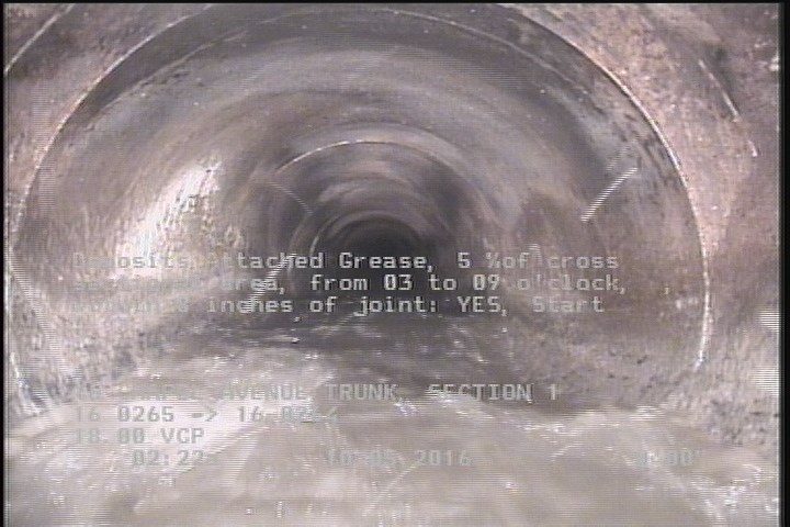 Deposits Attached Grease, 5 %of cross sectional area, from 03 to 09 o'clock, , within 8 inches of joint: YES, Start