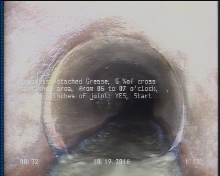 Deposits Attached Grease, 5 %of cross sectional area, from 05 to 07 o'clock, , within 8 inches of joint: YES, Start