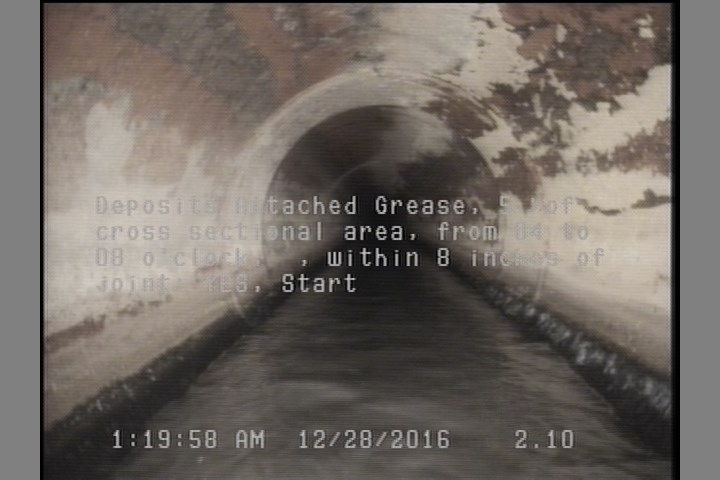 Deposits Attached Grease, 5 %of cross sectional area, from 04 to 08 o'clock, , within 8 inches of joint: YES, Start
