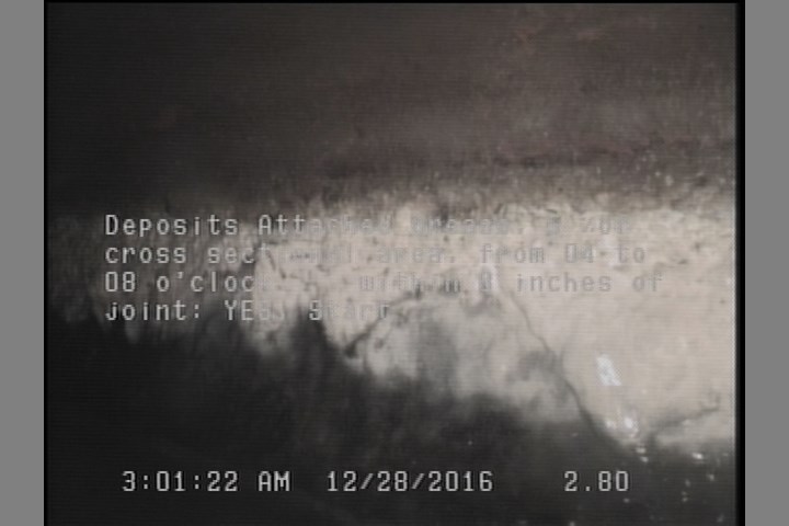 Deposits Attached Grease, 5 %of cross sectional area, from 04 to 08 o'clock, , within 8 inches of joint: YES, Start