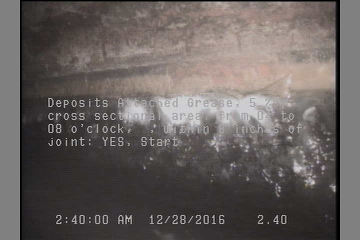 Deposits Attached Grease, 5 %of cross sectional area, from 04 to 08 o'clock, , within 8 inches of joint: YES, Start