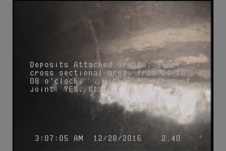 Deposits Attached Grease, 5 %of cross sectional area, from 04 to 08 o'clock, , within 8 inches of joint: YES, Start