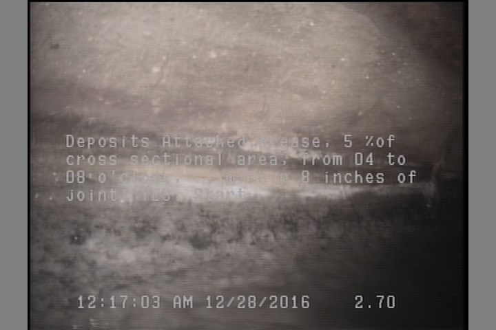Deposits Attached Grease, 5 %of cross sectional area, from 04 to 08 o'clock, , within 8 inches of joint: YES, Start