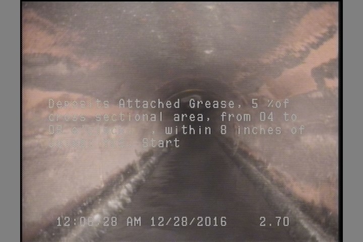 Deposits Attached Grease, 5 %of cross sectional area, from 04 to 08 o'clock, , within 8 inches of joint: YES, Start