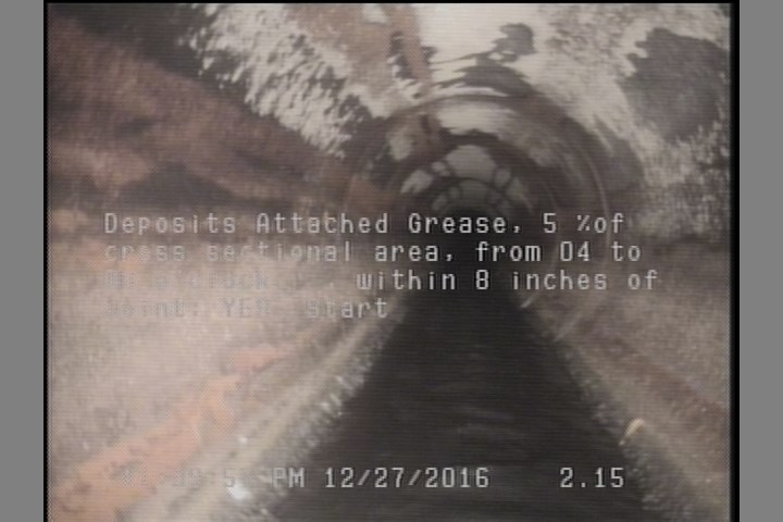 Deposits Attached Grease, 5 %of cross sectional area, from 04 to 08 o'clock, , within 8 inches of joint: YES, Start