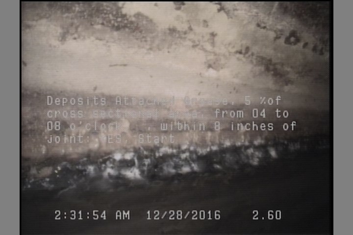 Deposits Attached Grease, 5 %of cross sectional area, from 04 to 08 o'clock, , within 8 inches of joint: YES, Start