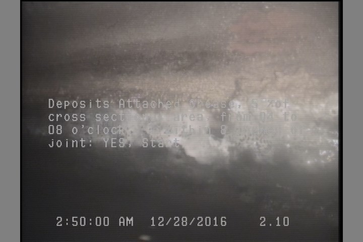 Deposits Attached Grease, 5 %of cross sectional area, from 04 to 08 o'clock, , within 8 inches of joint: YES, Start