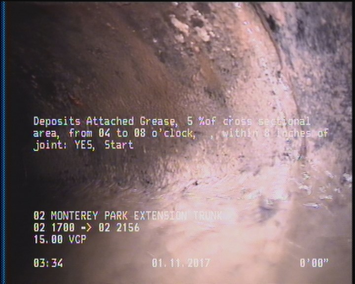 Deposits Attached Grease, 5 %of cross sectional area, from 04 to 08 o'clock, , within 8 inches of joint: YES, Start