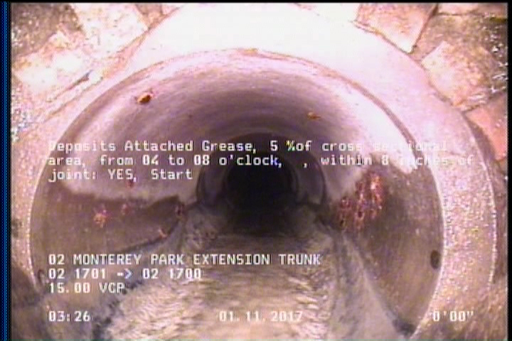 Deposits Attached Grease, 5 %of cross sectional area, from 04 to 08 o'clock, , within 8 inches of joint: YES, Start