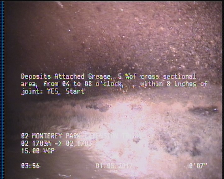 Deposits Attached Grease, 5 %of cross sectional area, from 04 to 08 o'clock, , within 8 inches of joint: YES, Start