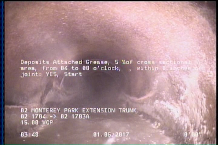 Deposits Attached Grease, 5 %of cross sectional area, from 04 to 08 o'clock, , within 8 inches of joint: YES, Start