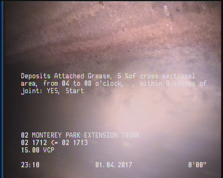 Deposits Attached Grease, 5 %of cross sectional area, from 04 to 08 o'clock, , within 8 inches of joint: YES, Start