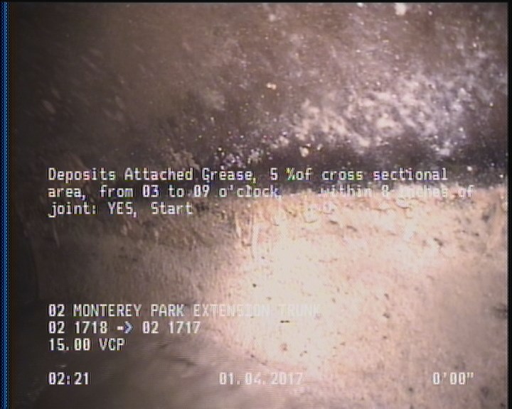 Deposits Attached Grease, 5 %of cross sectional area, from 03 to 09 o'clock, , within 8 inches of joint: YES, Start