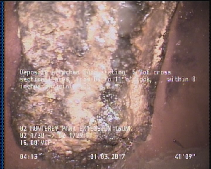 Deposits Attached Encrustation, 5 %of cross sectional area, from 08 to 11 o'clock, , within 8 inches of joint: YES