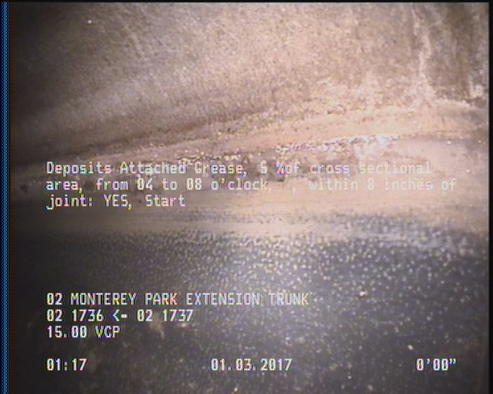 Deposits Attached Grease, 5 %of cross sectional area, from 04 to 08 o'clock, , within 8 inches of joint: YES, Start