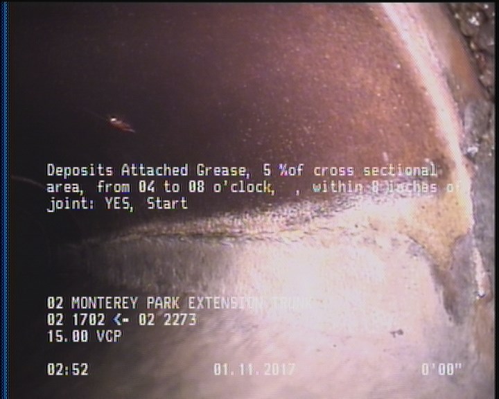 Deposits Attached Grease, 5 %of cross sectional area, from 04 to 08 o'clock, , within 8 inches of joint: YES, Start