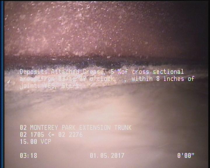Deposits Attached Grease, 5 %of cross sectional area, from 03 to 09 o'clock, , within 8 inches of joint: YES, Start