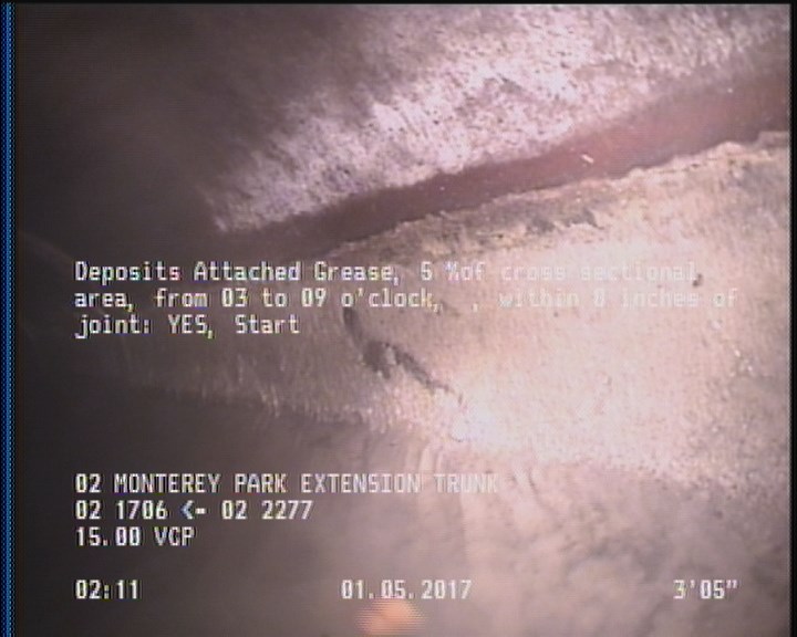 Deposits Attached Grease, 5 %of cross sectional area, from 03 to 09 o'clock, , within 8 inches of joint: YES, Start