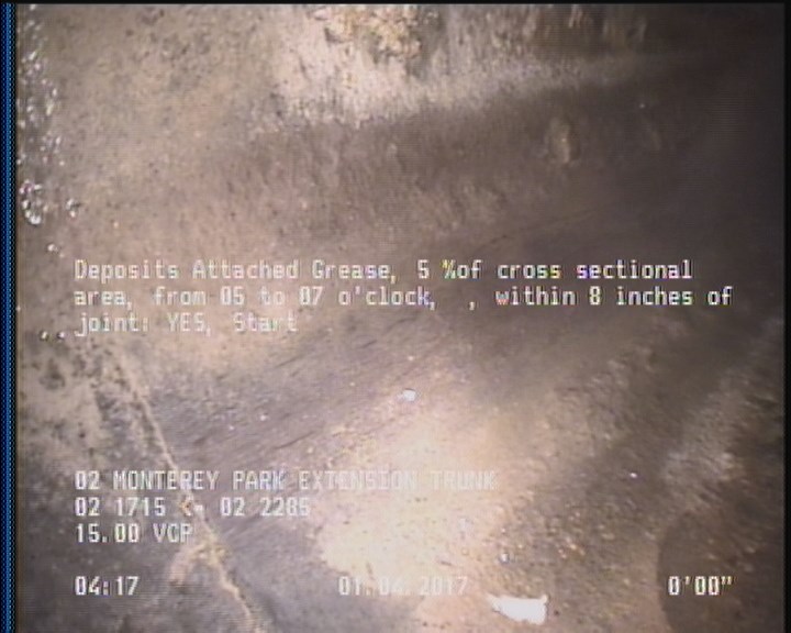 Deposits Attached Grease, 5 %of cross sectional area, from 05 to 07 o'clock, , within 8 inches of joint: YES, Start