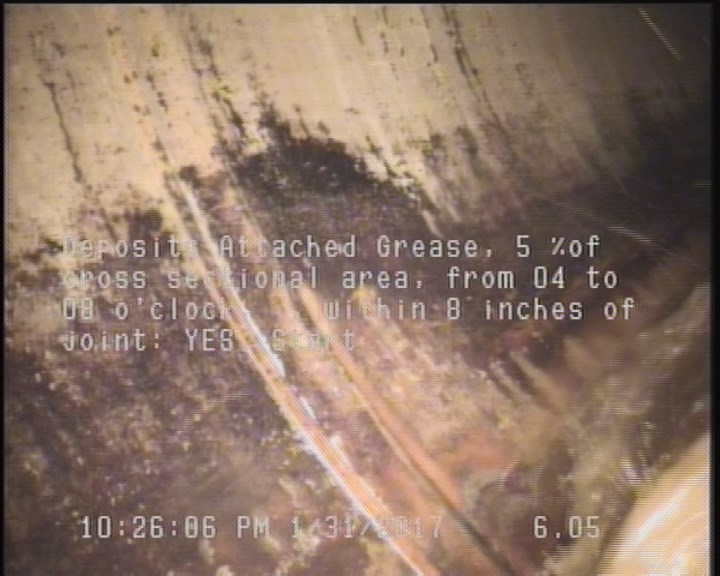 Deposits Attached Grease, 5 %of cross sectional area, from 04 to 08 o'clock, , within 8 inches of joint: YES, Start