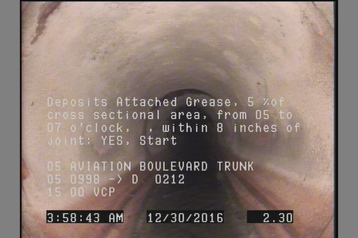 Deposits Attached Grease, 5 %of cross sectional area, from 05 to 07 o'clock, , within 8 inches of joint: YES, Start