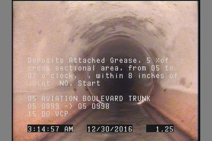 Deposits Attached Grease, 5 %of cross sectional area, from 05 to 07 o'clock, , within 8 inches of joint: NO, Start