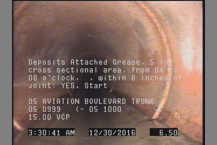 Deposits Attached Grease, 5 %of cross sectional area, from 04 to 08 o'clock, , within 8 inches of joint: YES, Start