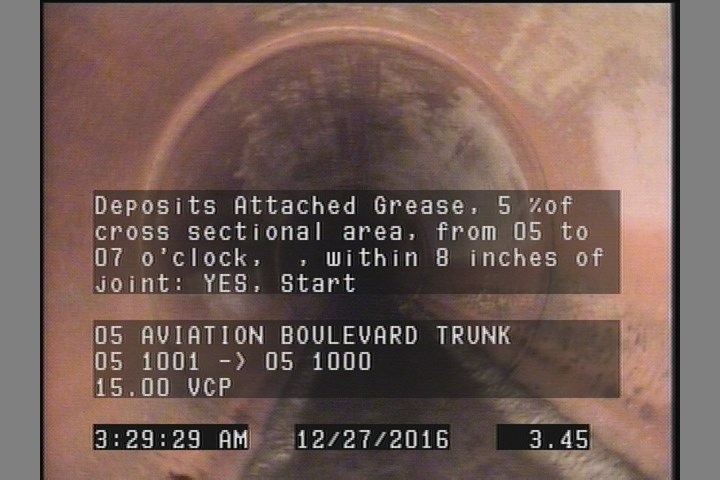 Deposits Attached Grease, 5 %of cross sectional area, from 05 to 07 o'clock, , within 8 inches of joint: YES, Start