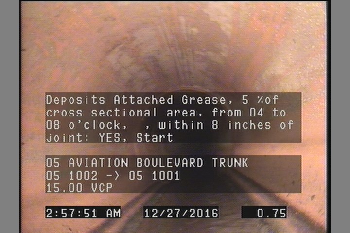 Deposits Attached Grease, 5 %of cross sectional area, from 04 to 08 o'clock, , within 8 inches of joint: YES, Start