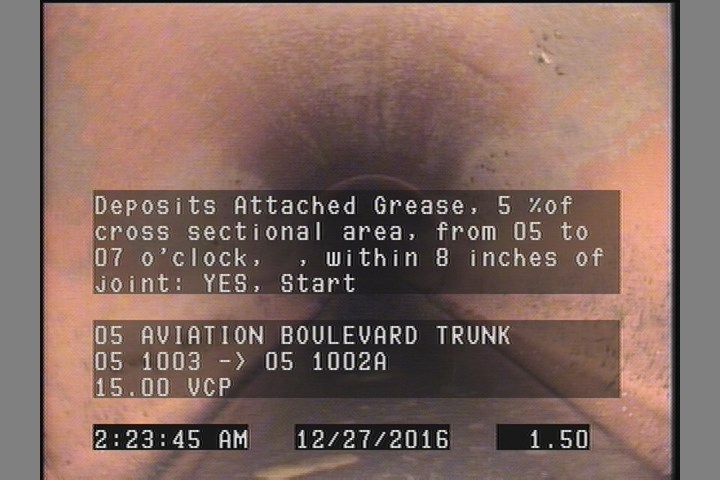 Deposits Attached Grease, 5 %of cross sectional area, from 05 to 07 o'clock, , within 8 inches of joint: YES, Start