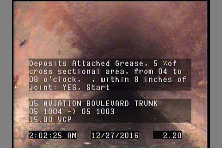 Deposits Attached Grease, 5 %of cross sectional area, from 04 to 08 o'clock, , within 8 inches of joint: YES, Start