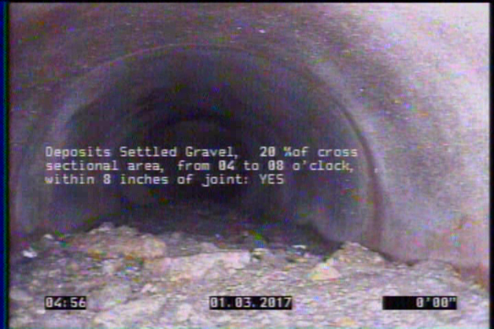 Deposits Settled Gravel, 20 %of cross sectional area, from 04 to 08 o'clock, , within 8 inches of joint: YES