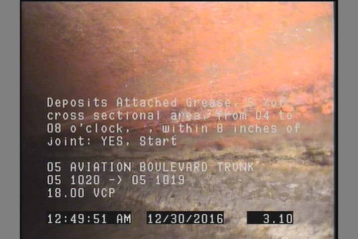 Deposits Attached Grease, 5 %of cross sectional area, from 04 to 08 o'clock, , within 8 inches of joint: YES, Start
