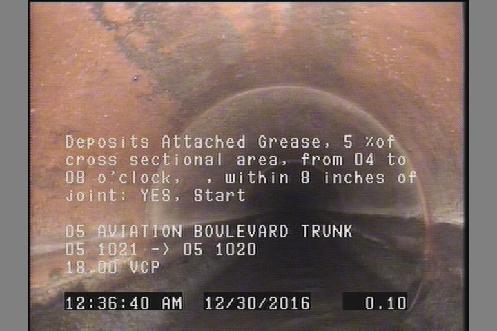 Deposits Attached Grease, 5 %of cross sectional area, from 04 to 08 o'clock, , within 8 inches of joint: YES, Start