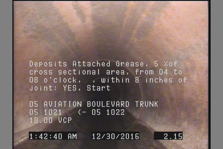 Deposits Attached Grease, 5 %of cross sectional area, from 04 to 08 o'clock, , within 8 inches of joint: YES, Start