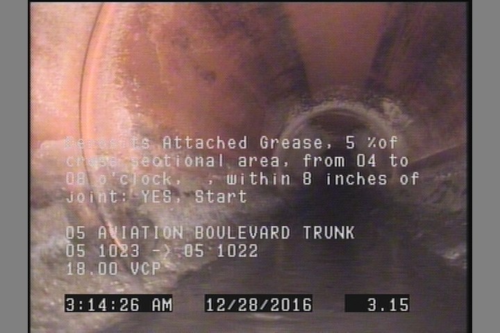 Deposits Attached Grease, 5 %of cross sectional area, from 04 to 08 o'clock, , within 8 inches of joint: YES, Start