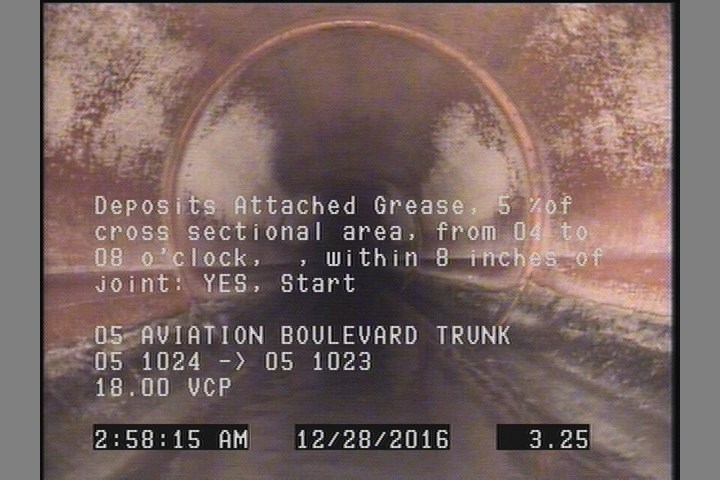 Deposits Attached Grease, 5 %of cross sectional area, from 04 to 08 o'clock, , within 8 inches of joint: YES, Start