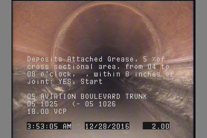 Deposits Attached Grease, 5 %of cross sectional area, from 04 to 08 o'clock, , within 8 inches of joint: YES, Start