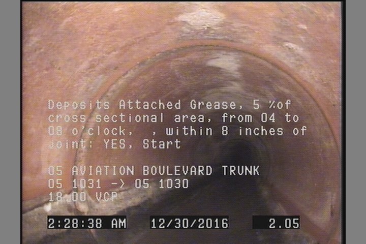 Deposits Attached Grease, 5 %of cross sectional area, from 04 to 08 o'clock, , within 8 inches of joint: YES, Start