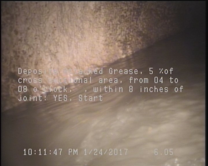 Deposits Attached Grease, 5 %of cross sectional area, from 04 to 08 o'clock, , within 8 inches of joint: YES, Start