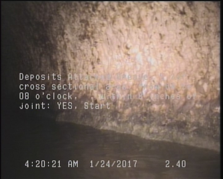 Deposits Attached Grease, 5 %of cross sectional area, from 04 to 08 o'clock, , within 8 inches of joint: YES, Start