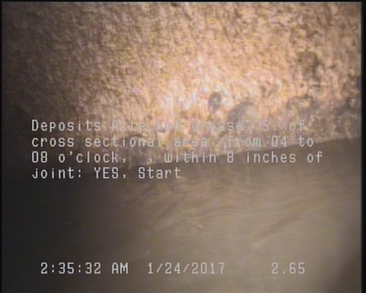 Deposits Attached Grease, 5 %of cross sectional area, from 04 to 08 o'clock, , within 8 inches of joint: YES, Start