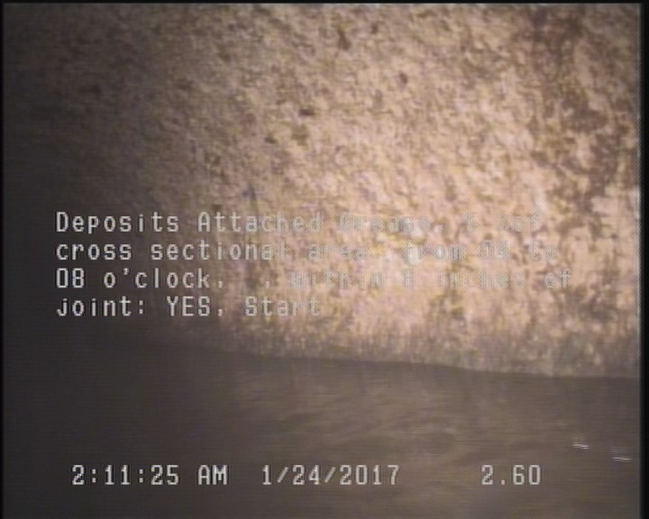 Deposits Attached Grease, 5 %of cross sectional area, from 04 to 08 o'clock, , within 8 inches of joint: YES, Start