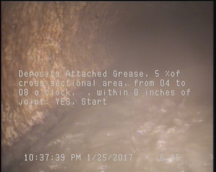 Deposits Attached Grease, 5 %of cross sectional area, from 04 to 08 o'clock, , within 8 inches of joint: YES, Start