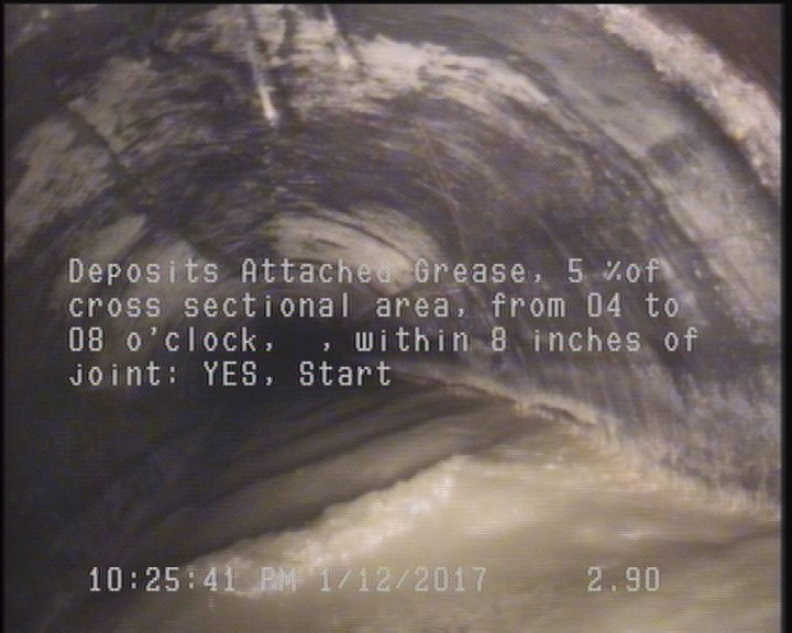 Deposits Attached Grease, 5 %of cross sectional area, from 04 to 08 o'clock, , within 8 inches of joint: YES, Start