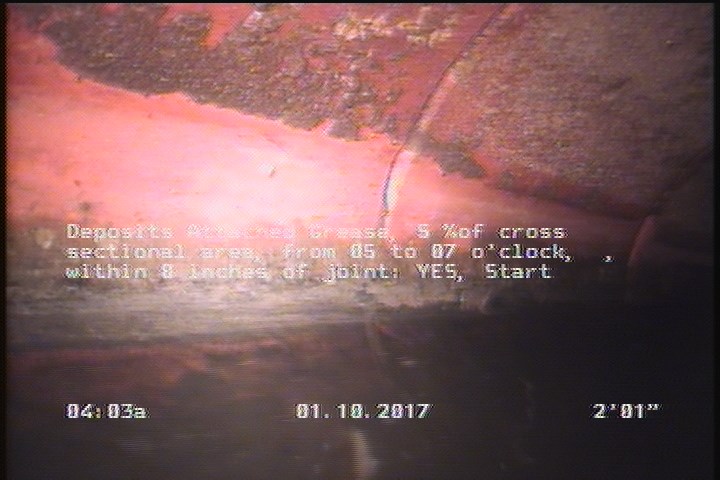 Deposits Attached Grease, 5 %of cross sectional area, from 05 to 07 o'clock, , within 8 inches of joint: YES, Start