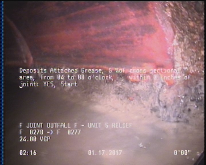 Deposits Attached Grease, 5 %of cross sectional area, from 04 to 08 o'clock, , within 8 inches of joint: YES, Start