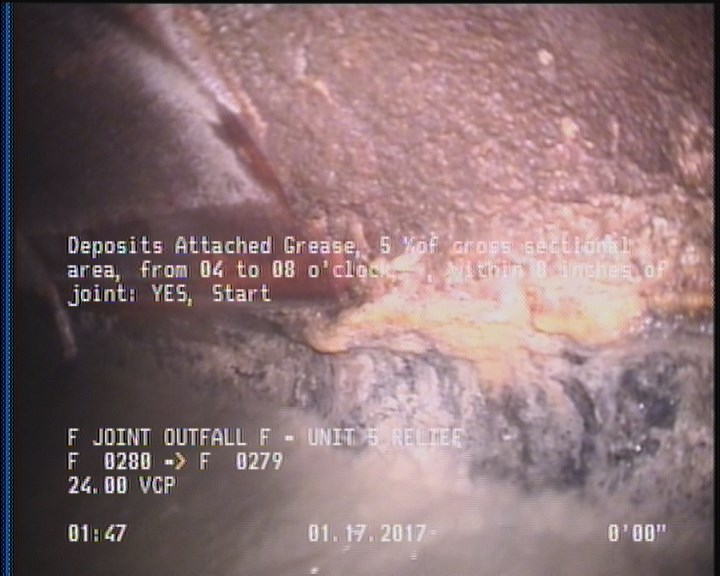 Deposits Attached Grease, 5 %of cross sectional area, from 04 to 08 o'clock, , within 8 inches of joint: YES, Start