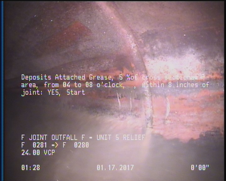 Deposits Attached Grease, 5 %of cross sectional area, from 04 to 08 o'clock, , within 8 inches of joint: YES, Start