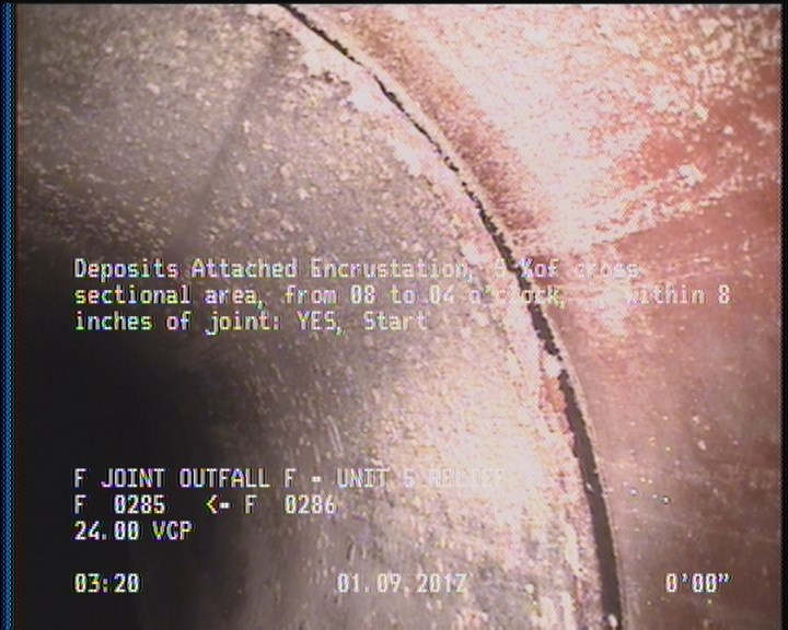 Deposits Attached Encrustation, 5 %of cross sectional area, from 08 to 04 o'clock, , within 8 inches of joint: YES, Start